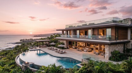 Fototapeta premium Modern hillside villa with curved pool and ocean sunset