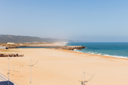 Aerial view of the city of Nazare, Portugal and the Praia, Portugal