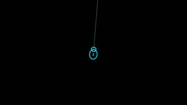 Glowing blue pendulum motion animation featuring an abstract geometric hourglass shape swinging back and forth in dark digital space