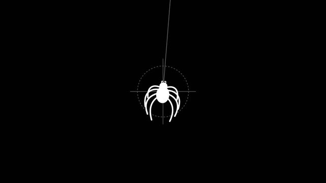 Minimalist white spider graphic hanging from a single silk thread in this simple black background motion animation video clip