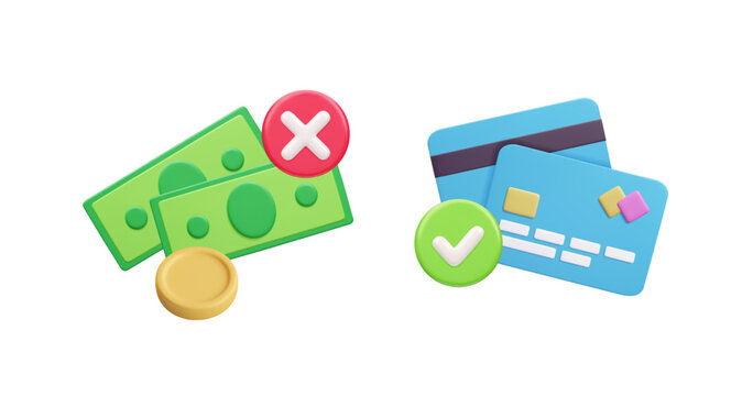 Do not accept cash, accept cards only. 3D money cash banknotes with cross sign, credit card with check mark. 3D vector illustration. Cashless payment, stop corruption, frauds and financial scam.