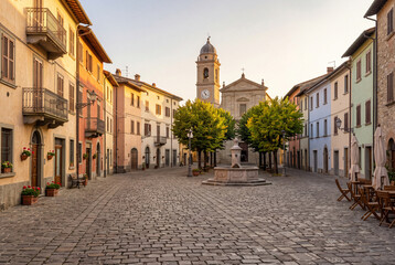 Fototapeta premium Charming European Cobblestone Town Square at Golden Hour