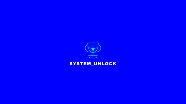 System unlock trophy icon displaying digital motion animation graphic with vibrant blue background for high tech gaming achievement user interface