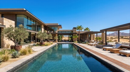 Fototapeta premium Desert modern home with pool palm trees and shaded seating