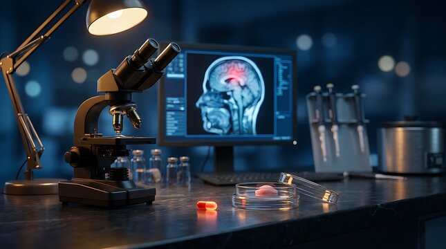 Laboratory setting with microscope petri dish with sample medication capsule on desk computer displaying brain scan science research and medical development in dark blue tones.