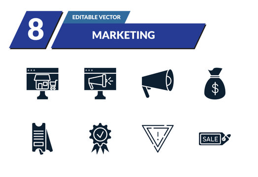 filled marketing icons set - online store, online marketing, promote, get money. editable vector for web and mobile ui