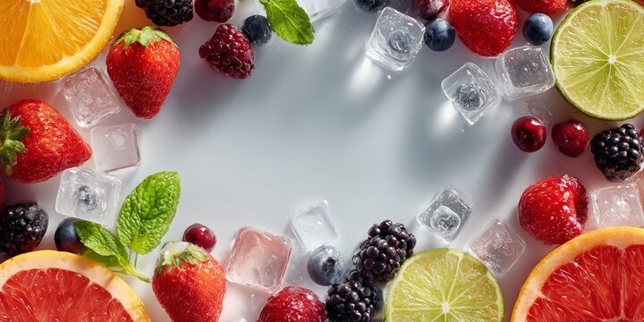 Vibrant fresh fruits and ice cubes arranged in a colorful border on white background with copy space.