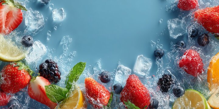 Vibrant fresh strawberries, blueberries, and citrus fruits splashing in water with ice cubes on a blue background.