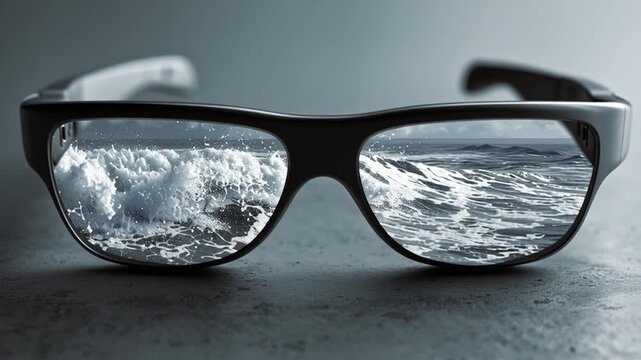 Captured Reflection In Sunglasses Showcasing Turbulent Ocean Waves Splashing Against The Shore, Evoking Feelings Of Calm And Adventure In A Coastal Setting. Concept Of Travel And Relaxation.