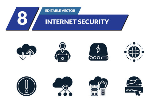 filled internet security icons set - cloud, hacker, hard drive, network. editable vector for web and mobile ui