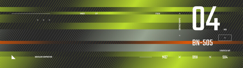 Fototapeta na wymiar Brutalist cyberpunk banner an acid lime and charcoal transition of fine diagonal stripes, sci-fi abstract geometric halftone texture with futuristic technical metrics UI and hud elements