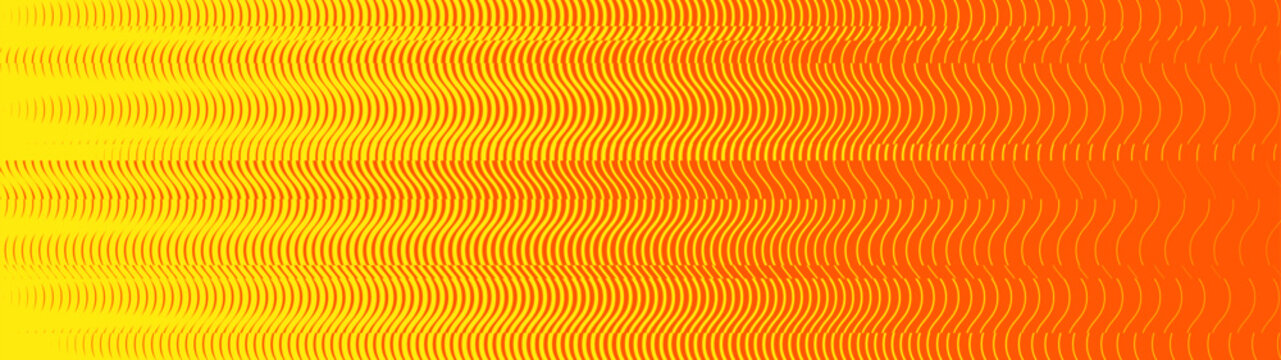 Bright yellow and orange gradient background features a dynamic transition of abstract striped patterns with kinetic energy, vibrant halftone geometric wave texture, high contrast visual effect
