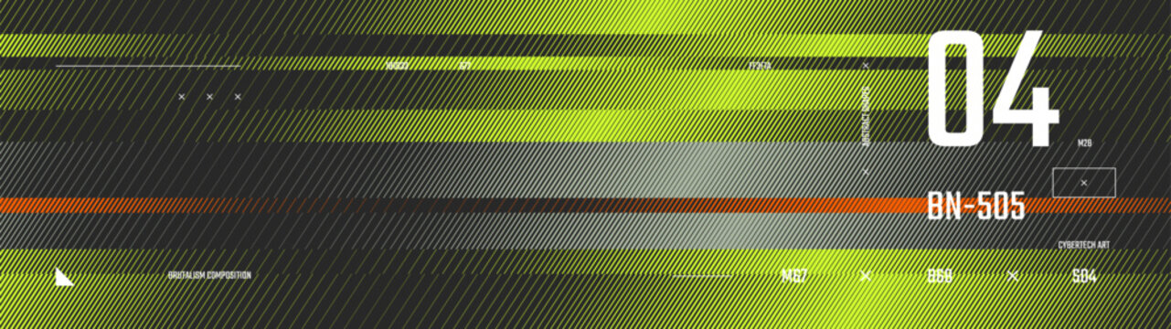 Brutalist cyberpunk banner an acid lime and charcoal transition of fine diagonal stripes, sci-fi abstract geometric halftone texture with futuristic technical metrics UI and hud elements