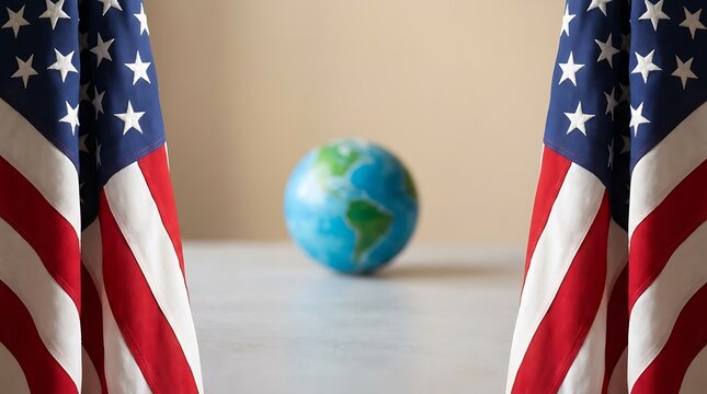 Patriotic united states flags flanking decorative globe model on white tabletop surface displaying earth continents concept representing international global relations and diplomacy study.