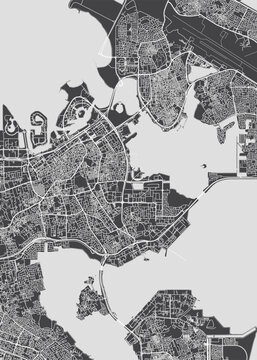 Detailed vector map Manama is the capital and largest city of Bahrain, Monochrome topographic urban street plan, Cartography travel poster