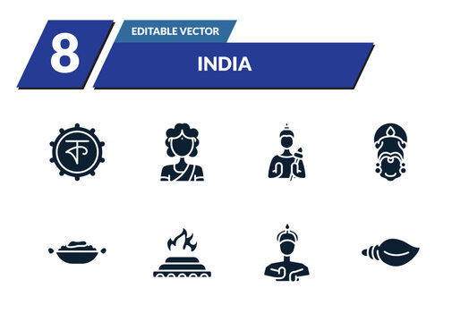filled india icons set - bengali language, woman, vishnu, kathakali. editable vector for web and mobile ui