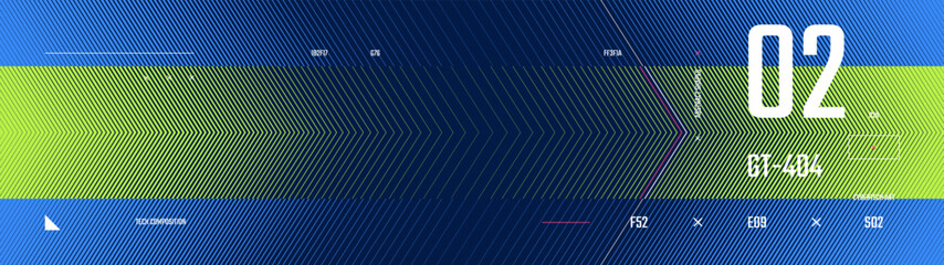 Obraz na płótnie Canvas Neon blue and lime cybertech canvas features a sleek transition of arrow striped lines, creating a tactical sci-fi geometric halftone texture integrated with futuristic HUD elements and UI data