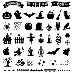 Fototapeta premium Large collection of spooky halloween vector elements including ghosts bats and pumpkins