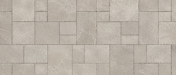 Fototapeta premium Overhead view of beige rectangular concrete pavers arranged in an interlocking geometric pattern across paved patio or walkway surface with textured finish and visible grout lines