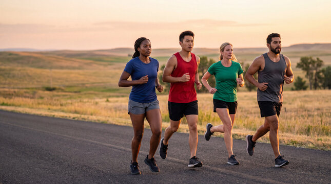 Group of Marathon Runners Jogging at Sunrise on Open Road