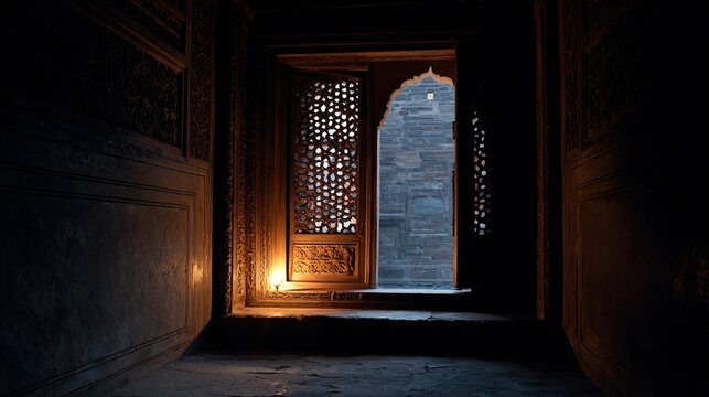 courtyard. Half-open carved wooden window with candlelight inside and moonlight outside. real-estate listings, architecture portfolios, designed for interior renovation comparisons for interiors.