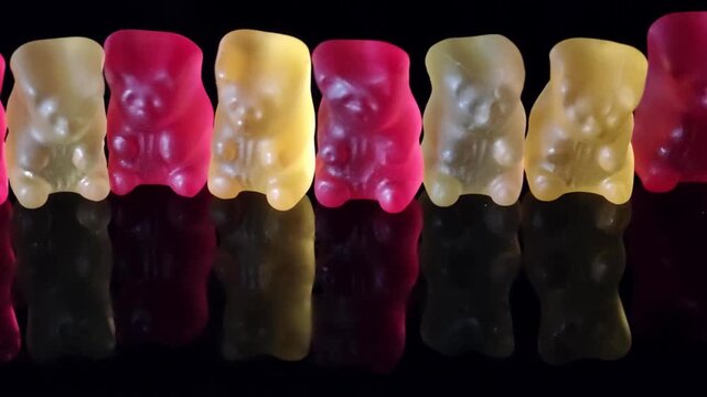Marmalade bears are lined up in a row on a black surface