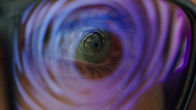 AI code on eyeglass glass, reflection on woman developer eyeglasses, working in dark office, tired busy people, depression on work, haker or it engineer with laptop, stocks markets. 