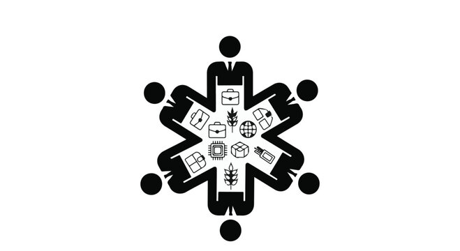 Business people arranged in a circular formation around central icons symbolize collaborative teamwork and the unified effort needed to manage diverse corporate assets and organizational goals.