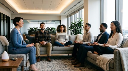 Fototapeta premium Diverse group of colleagues meditating together in modern office lounge