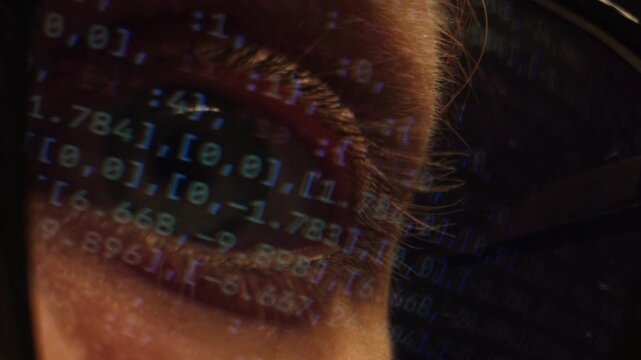 AI code on eyeglass glass, reflection on woman developer eyeglasses, working in dark office, tired busy people, depression on work, haker or it engineer with laptop, stocks markets. 