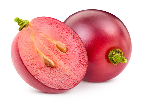 Red grape and half isolated on white background. Ripe organic fresh berry cut with clipping path