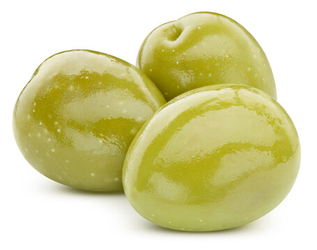 Tasty canned green olives. Pickled green olives isolated on white background with clipping path for catalog