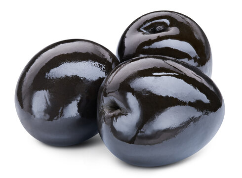 Three black olives group. Fresh organic olives isolated on white background with clipping path