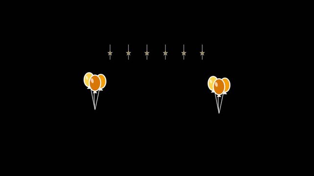 Decorative orange balloon clusters and floating golden stars animation footage featuring a festive celebration design on a clean black background