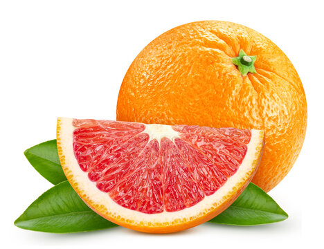 Orange with sliced half. Organic red orange fruit isolated on white background. Orange with clipping path