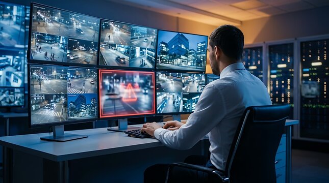 security operator intently watches large wall of monitors displaying city street surveillance cameras, focusing on a highlighted area, technological oversight and data analysis.
