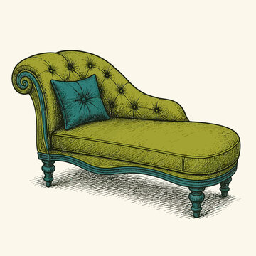 An elegant vintage chaise lounge with tufted green upholstery and teal accents.