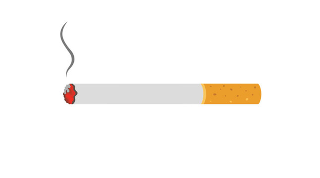 A single lit cigarette with glowing red embers and curling gray smoke on white background