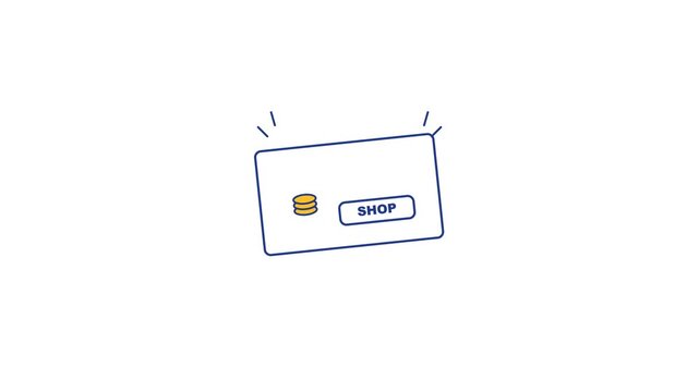 Credit card digital animation showing a shop button with golden coins for an online payment transaction in motion video clip