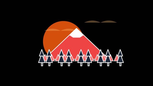 Red mountain peak silhouette with dark forest trees under a large orange sun in this minimalist digital motion animation clip