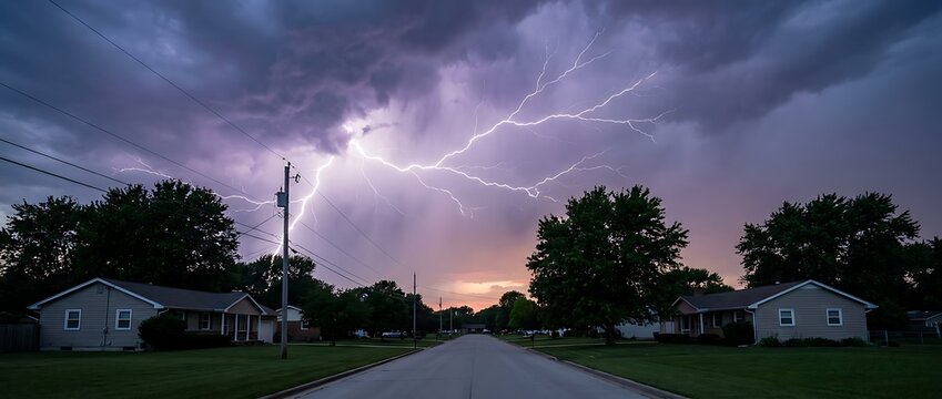 Dramatic lightning strikes illuminate dark purple storm clouds over suburban neighborhood street at dusk with electric poles and trees.