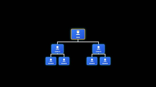 Corporate organizational chart structure animation featuring hierarchy of ceo lead and team members in a professional blue digital video clip