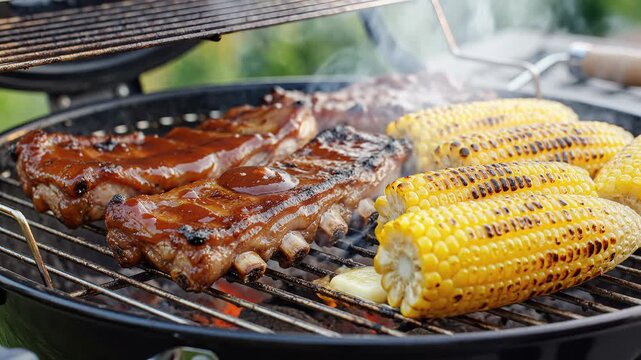 Grilled meat ribs and corn on the cob cooking over charcoal on an outdoor barbecue grill