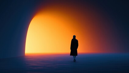 Fototapeta premium Silhouette of a mysterious person walking toward a glowing orange light portal