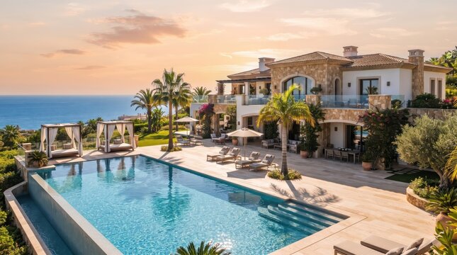 Mediterranean seaside villa with infinity pool and cabanas
