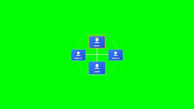 Hierarchical network structure animation showing root and core nodes connected in a digital flow chart for professional business video footage