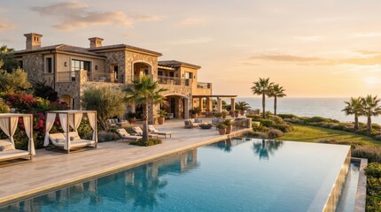 Fototapeta premium Mediterranean mansion beside infinity pool with ocean horizon