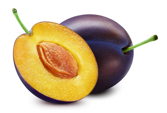 Fresh organic plum isolated clipping path. Plum macro studio photo