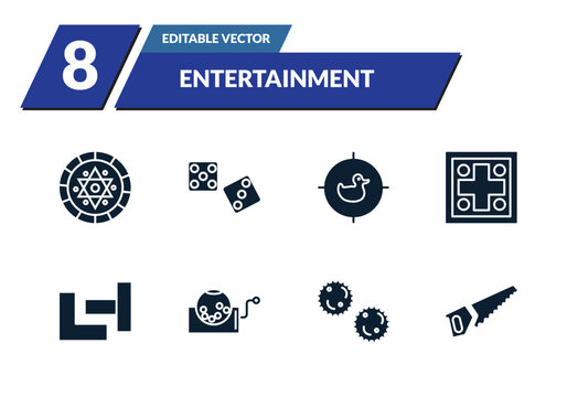 filled entertainment icons set - chinese checkers, , shoot duck, parchis. editable vector for web and mobile ui