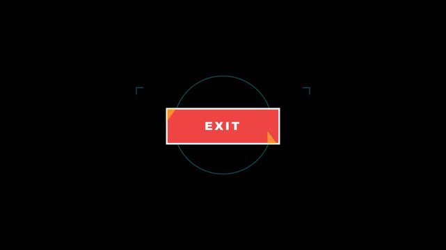 Exit sign animation featuring a bright orange rectangular box rotating within a circular frame as a digital motion graphic element